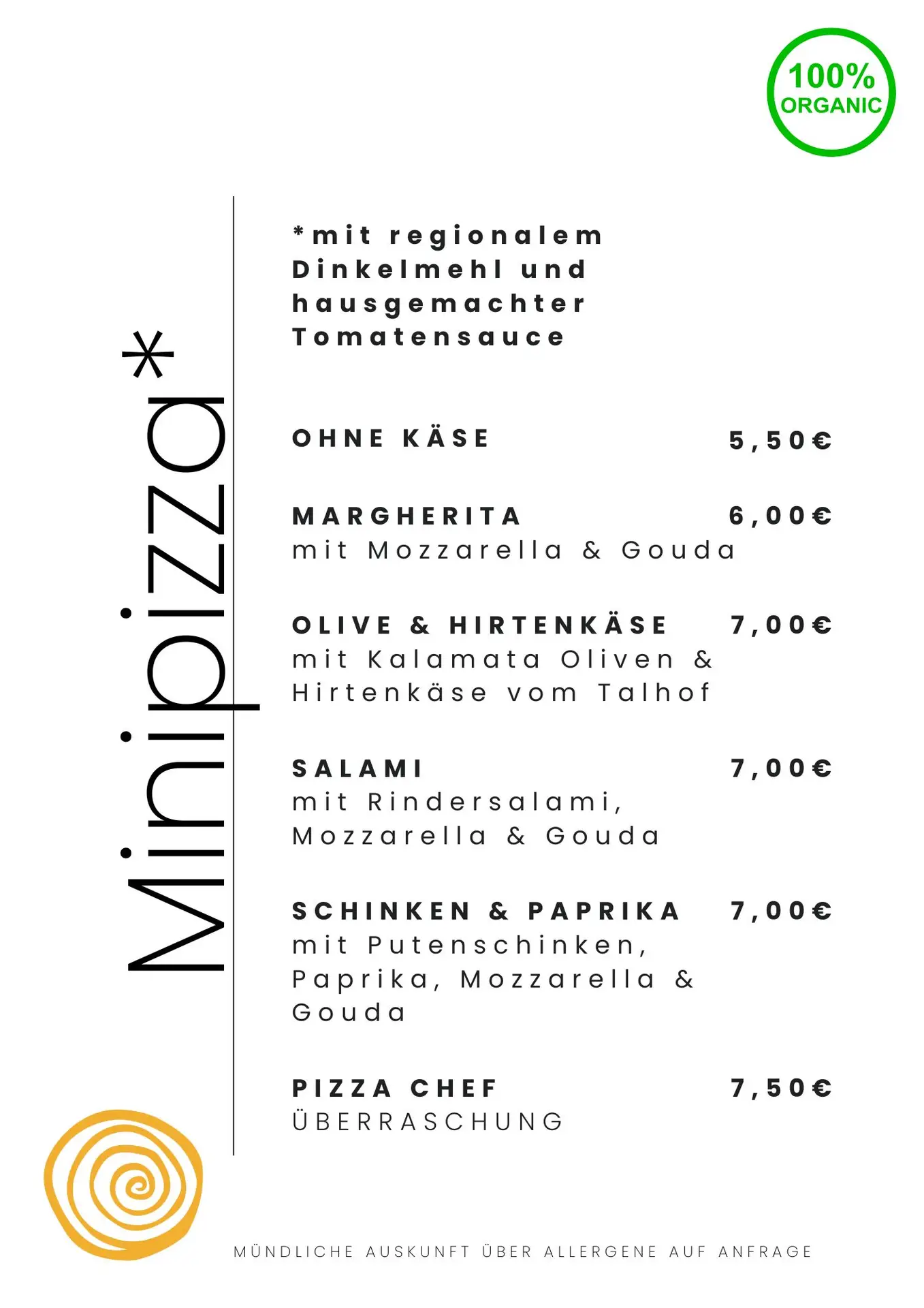 Speisekarte Dinkel-Minipizza