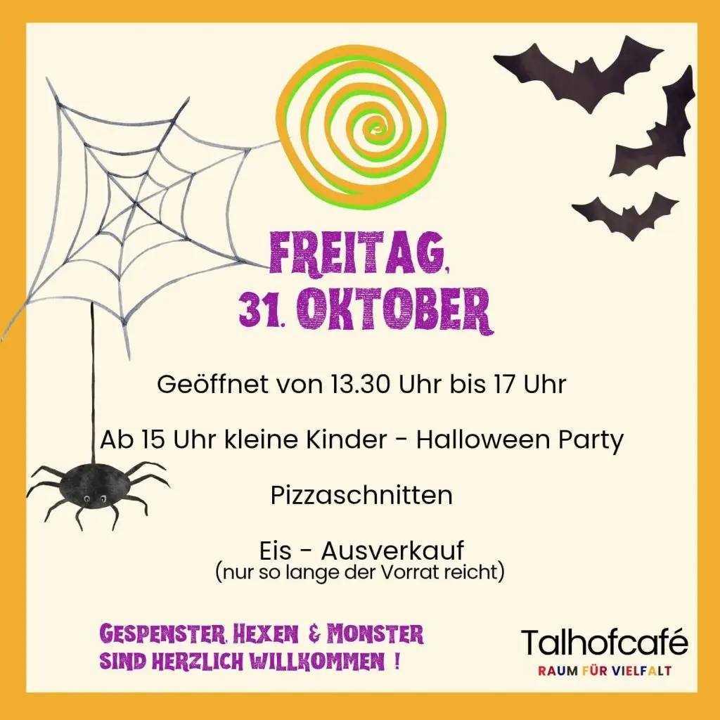 Halloween, Kinderdisco, Kinderparty, Verkleidung, 31. Oktober 2025, Einladung Talhofcafé
